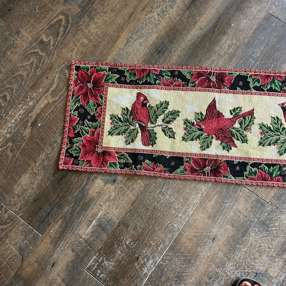 Christmas Cardinal Poinsettia Woven Tapestry Table Runner Red  13x71 Vintage